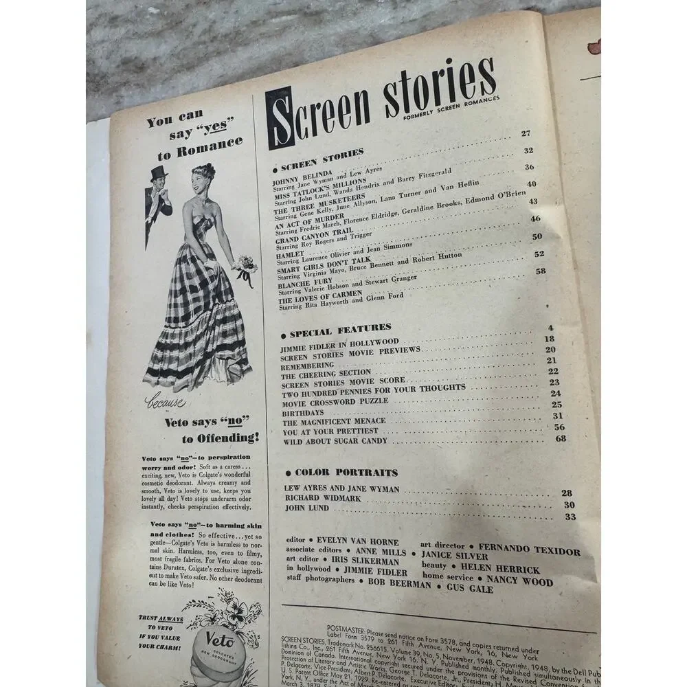 Vtg Screen Stories Magazine Nov. 1948 Roy Rogers Dale Evans Ads Fashion +
